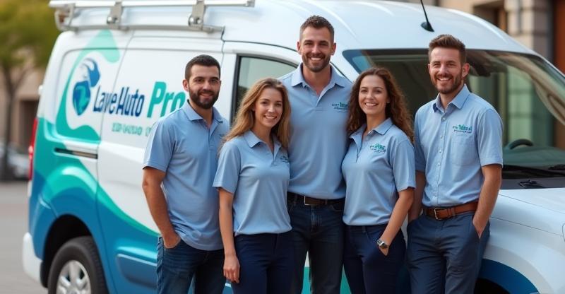 Équipe LaveAuto Pro souriante à côté d'un van de service